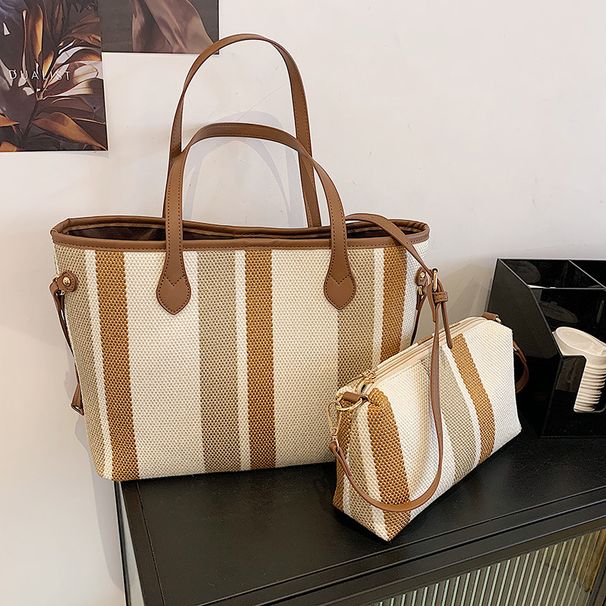 Women's Bags Canvas Mother And Child Bag New Large Capacity Shoulder Underarm Bag Popular Canvas Striped Tote Bag_voghion.com