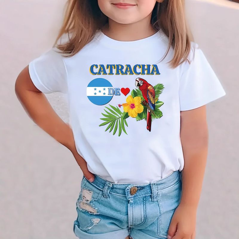 Mother & Kids Girls Honduras Parrot Pattern Printed Round Neck Short Sleeved T Shirt_voghion.com