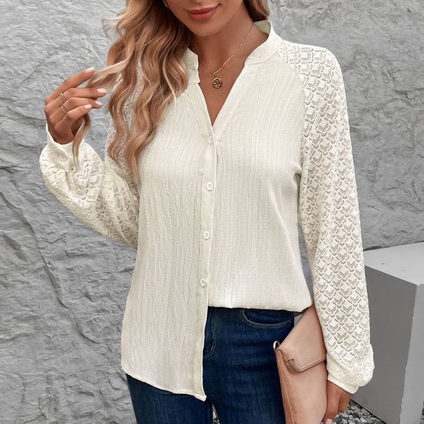 Women's Clothing lace stitching tops wear transparent long sleeved stand up collar cardigan shirt_voghion.com