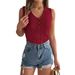 Summer New Solid Color Button V-Neck Hollow Sleeveless Top Vacation Knitted Shirt Women's Clothing_voghion.com