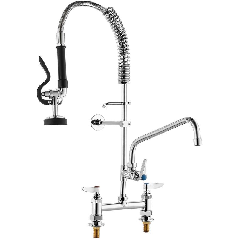 VEVOR Commercial Faucet With Pre-Rinse Sprayer, 26" Height, 8" Center, 12" Swing Spout, Deck Mount Kitchen Sink Faucet, Brass Constructed Device With Pull Down Spray, For 1/2/3 Compartment Sink_voghion.com