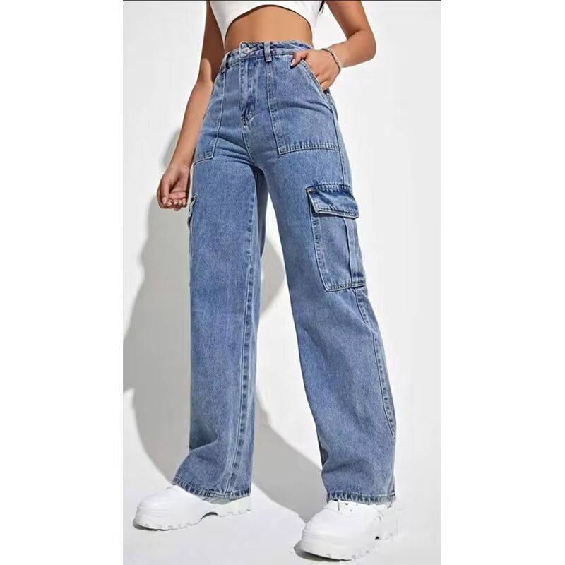 Spodnie cargo damskie, stylowe, luźne, robocze, z wieloma kieszeniami, ze stretchem, z wysokim stanem, w stylu streetwear (S-3XL, niebieskie)​_voghion.com