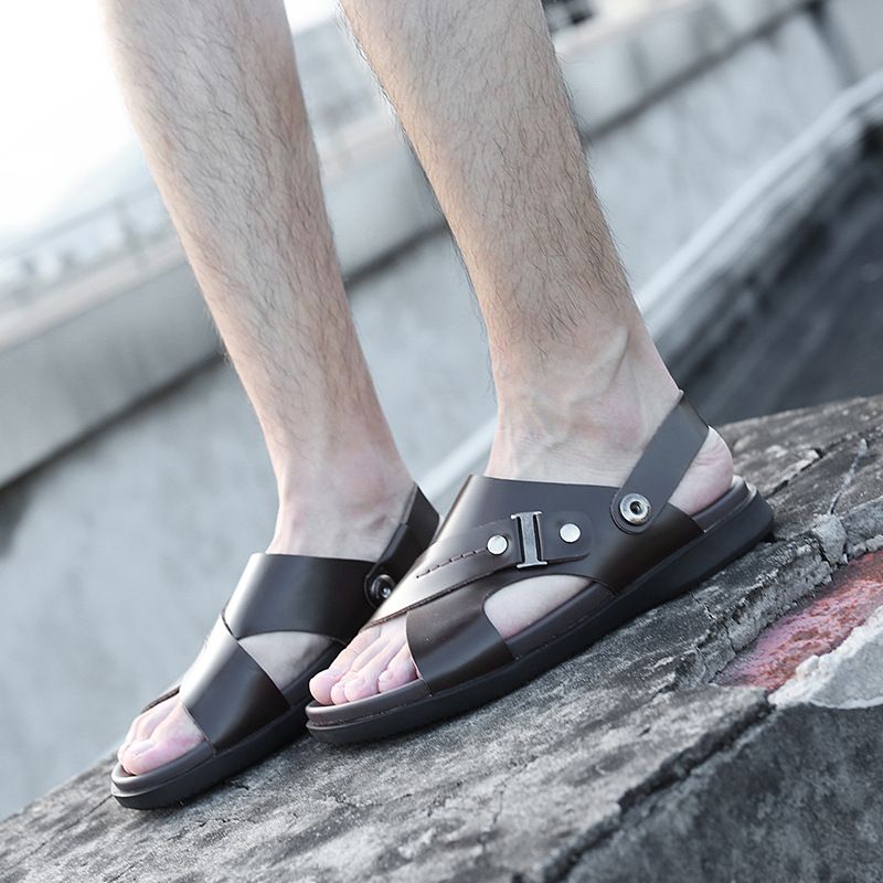 2025 Neue Freizeit-Strandschuhe aus Rindsleder mit oberer Schicht, atmungsaktive Hausschuhe mit offener Spitze, dicke und weiche Sandalen für ältere Männer_voghion.com