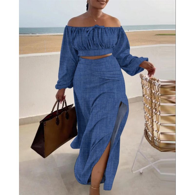 Damenbekleidung Neuer heißer Verkauf One-Shoulder Top Schlitzkleid Zweiteiliger Anzug_voghion.com