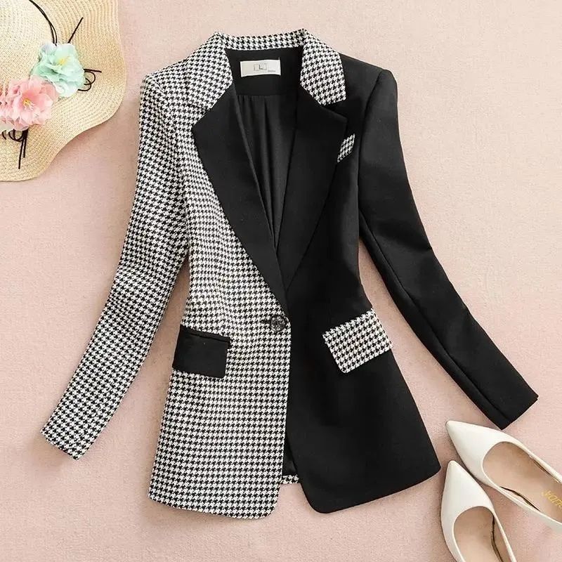 Women Blazers 2023 Spring Autumn Black ing Houndstooth Suit Coat Women Design Sense Temperament Casual Small Suit Jacket_voghion.com