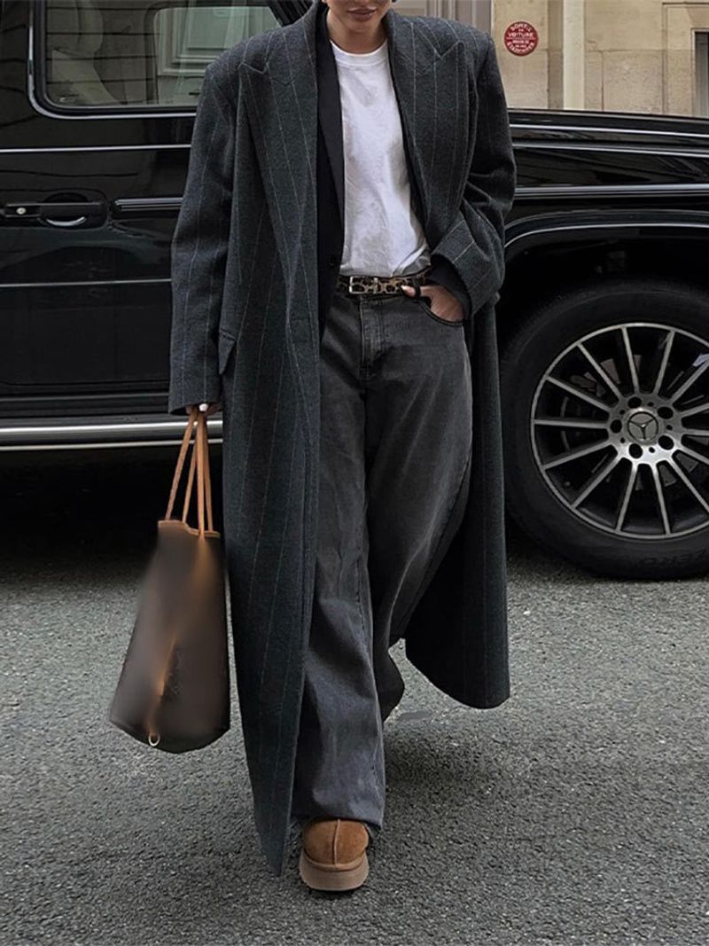 Women's Clothing Long Button Gray Striped Coat Lapel Loose Temperament Pocket Commuter Jacket_voghion.com