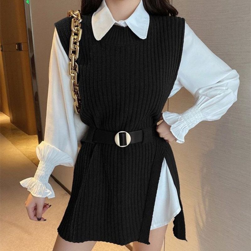 Vêtements pour femmes printemps et automne nouveau pull mi-long costume slim à lacets taille gilet tricoté chemise deux pièces costume pour femmes_voghion.com