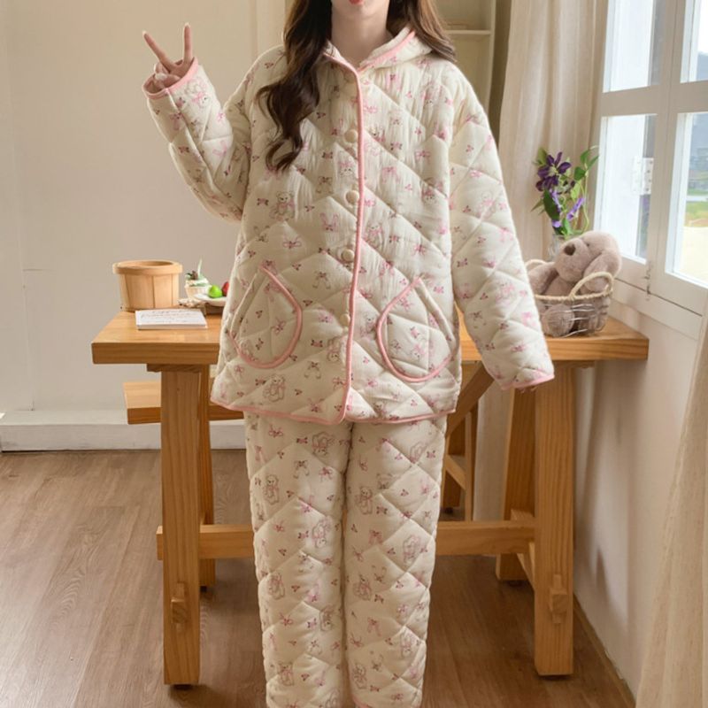 Nieuwe Koreaanse versie winter drielaags katoenen capuchon en pluche verdikte huiskleding koraal flanel casual pyjama voor_voghion.com