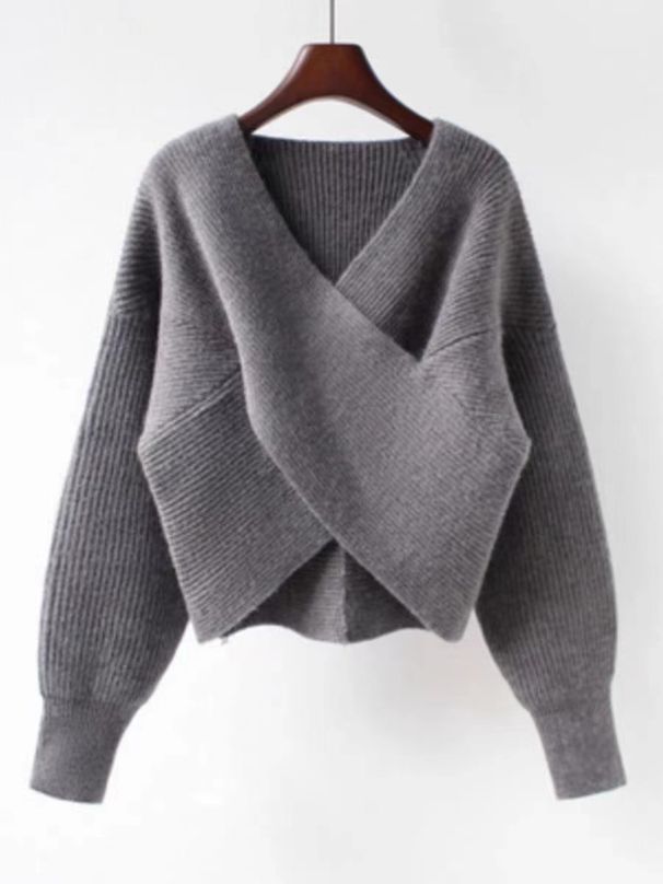 Maglione in maglia con scollo a V, elegante e disinvolto, strato di base elasticizzato a maniche lunghe con motivo geometrico 3D (morbido misto acrilico, top casual corto)_voghion.com