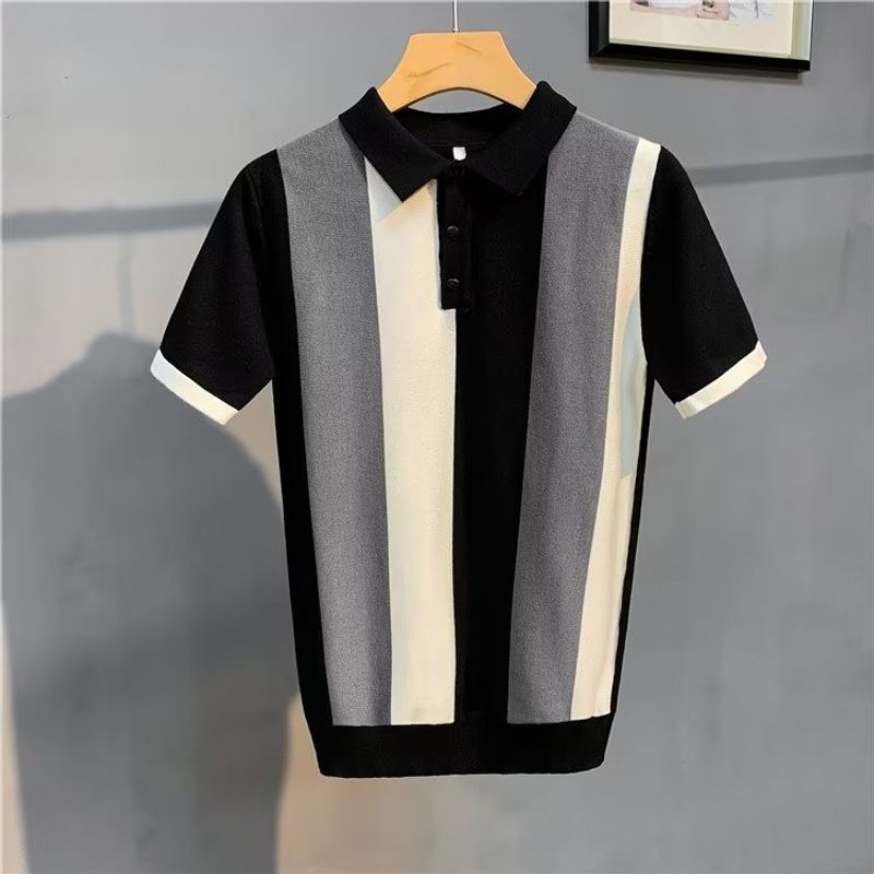Novo suéter de manga curta listrado de seda gelada com lapela, moda masculina, tendência jovem, todas as combinações, tops casuais, tendência_voghion.com