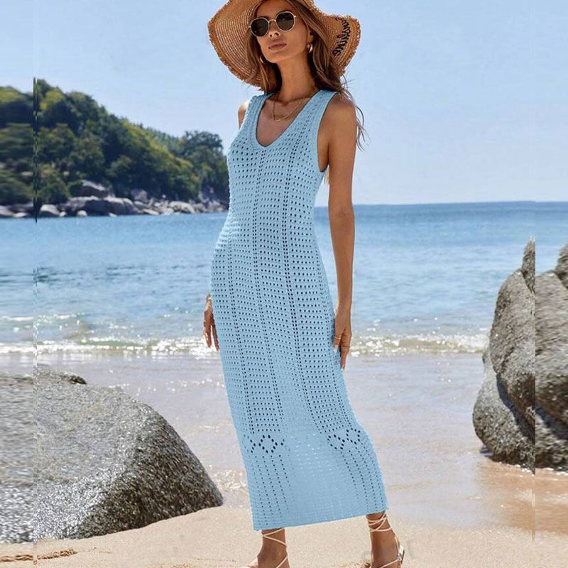 Women's Clothing Sleeveless Knitted Beach Dress Hollow Bikini Cover Up Long Vest Dress_voghion.com