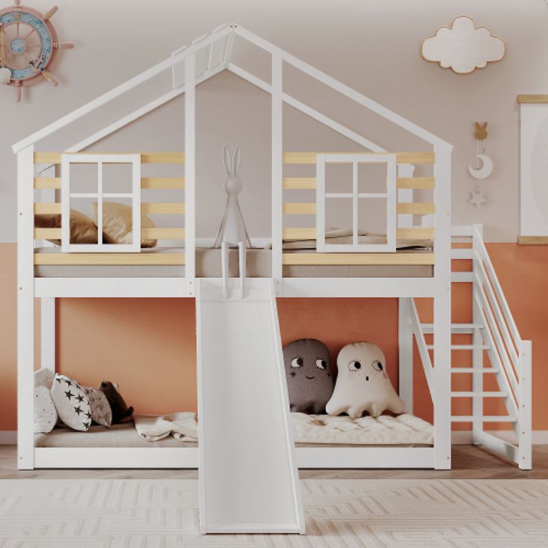 Etagenbett, Holzbett Mit Treppe Und Gitter, Mit Rutsche Und Fenster, Blockhaus Kinderbett Mit Absturzsicherung, Bettrahmen Aus Massivholz, Weiß(90x200 Cm)_voghion.com