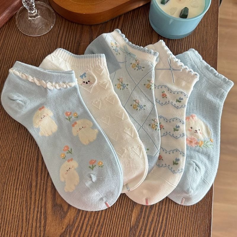 Cute Little Dog For Children In Summer, Thin Short Socks With Low Cut Shallow Mouth, Lace Bow, Boneless Not Falling Off,_voghion.com