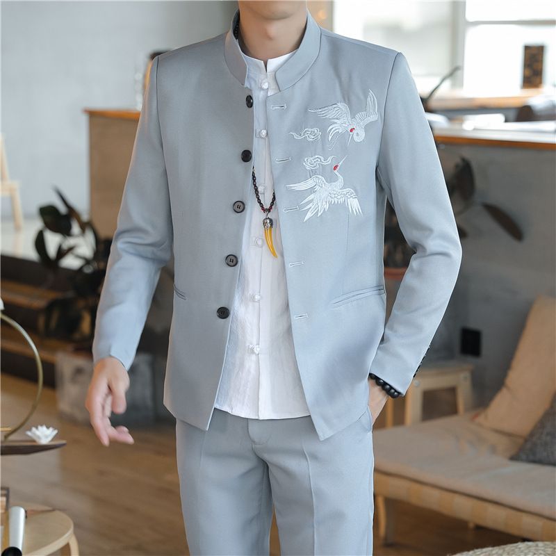 2019 Autunno Uomo Due Pezzi con Grande Ricamato Stile Cinese Zhongshan Completo_voghion.com