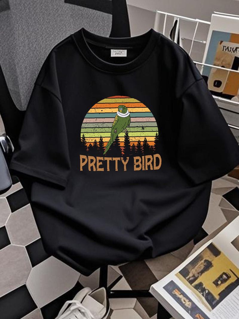 Maglietta vintage con grazioso uccello pappagallo Scemo e più scemo, maglietta con uccello divertente, Scemo e più scemo da uomo, comoda, leggermente versatile, casual, estiva, elegante_voghion.com