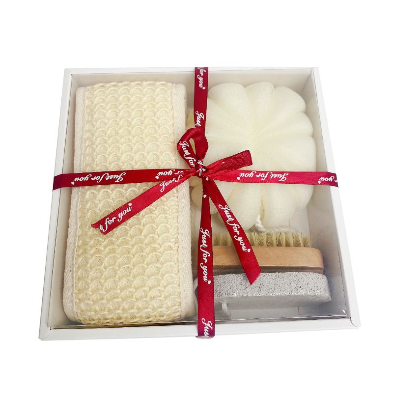 Set da bagno premium: guanto esfoliante, spazzola per unghie, pietra pomice e spugna di luffa. Sisal naturale e setole di cinghiale per una pulizia profonda e una pelle liscia._voghion.com