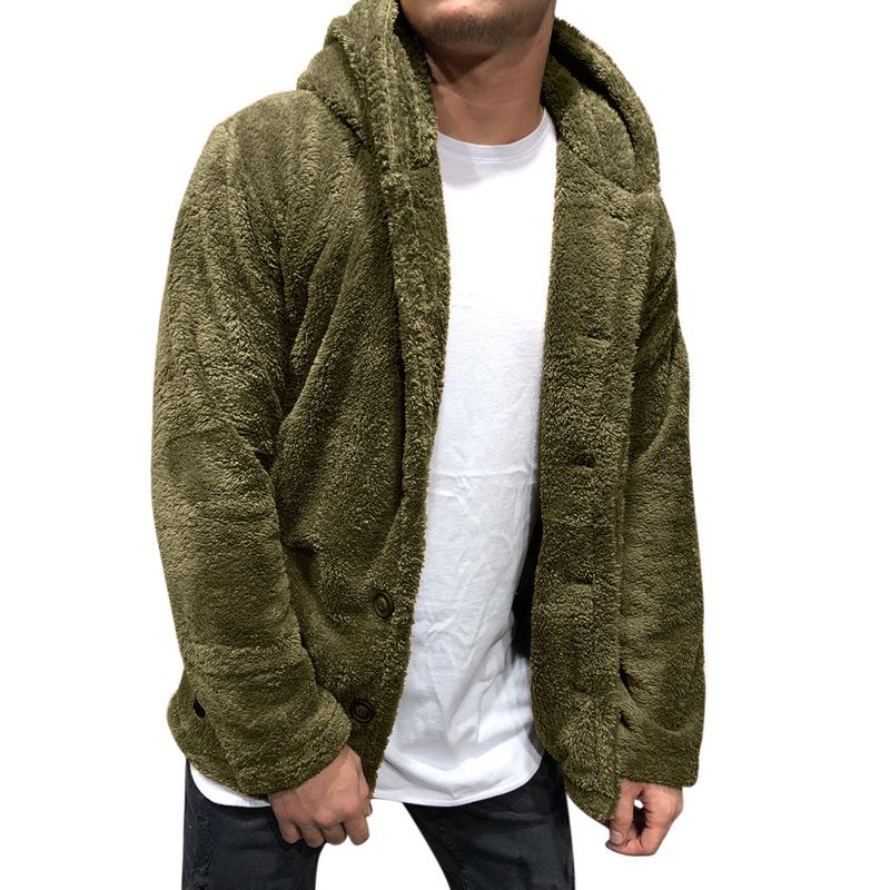 Giacca casual in pile con cappuccio da uomo - Cappotto invernale caldo con bottoni e fodera morbida, elegante streetwear per la moda urbana (grigio, nero, caffè)_voghion.com