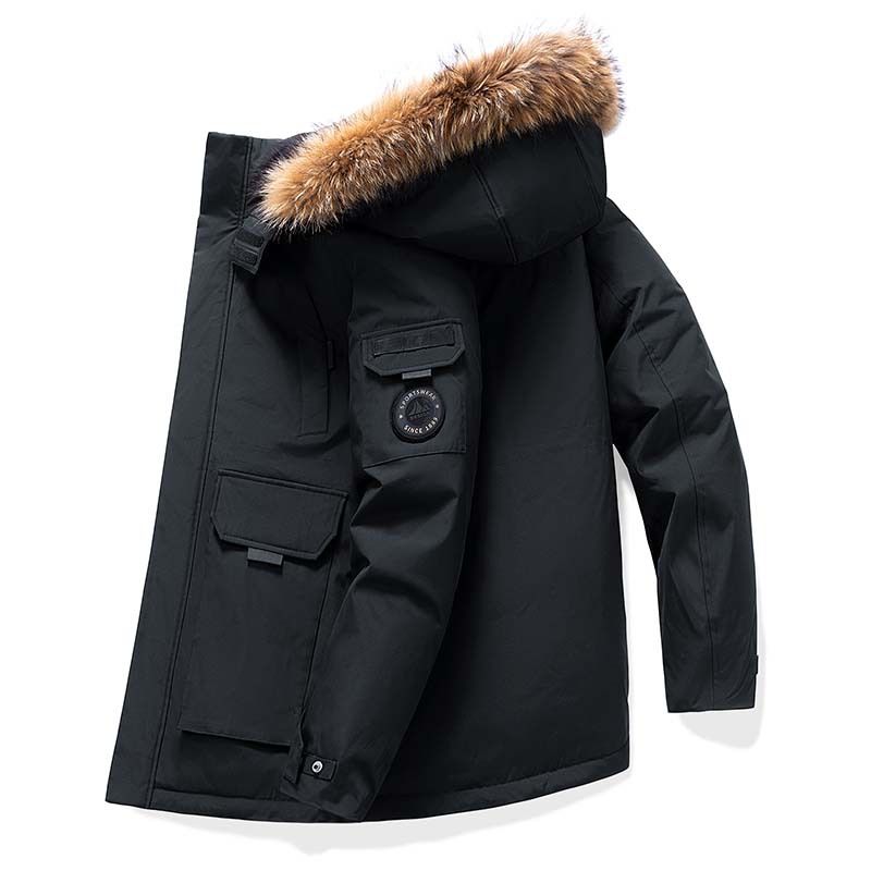​​Herren-Winterparka mit abnehmbarem Pelzkragen – 90 % weiße Entendaunen, mittellang (S-3XL, Khaki/Schwarz/Rot/Camo)​​_voghion.com