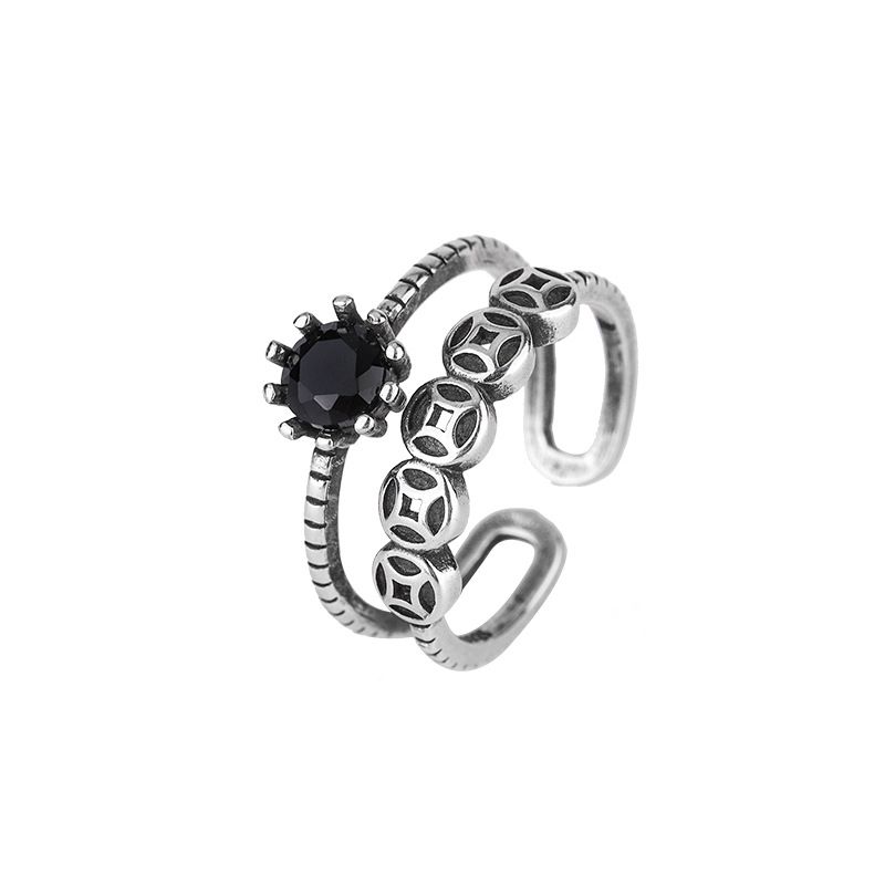 Sterling VENUS  Sier Retro Black Zircon Double Layer Lucky Open Ring For Women Thai Sier 2021 New Dropship_voghion.com
