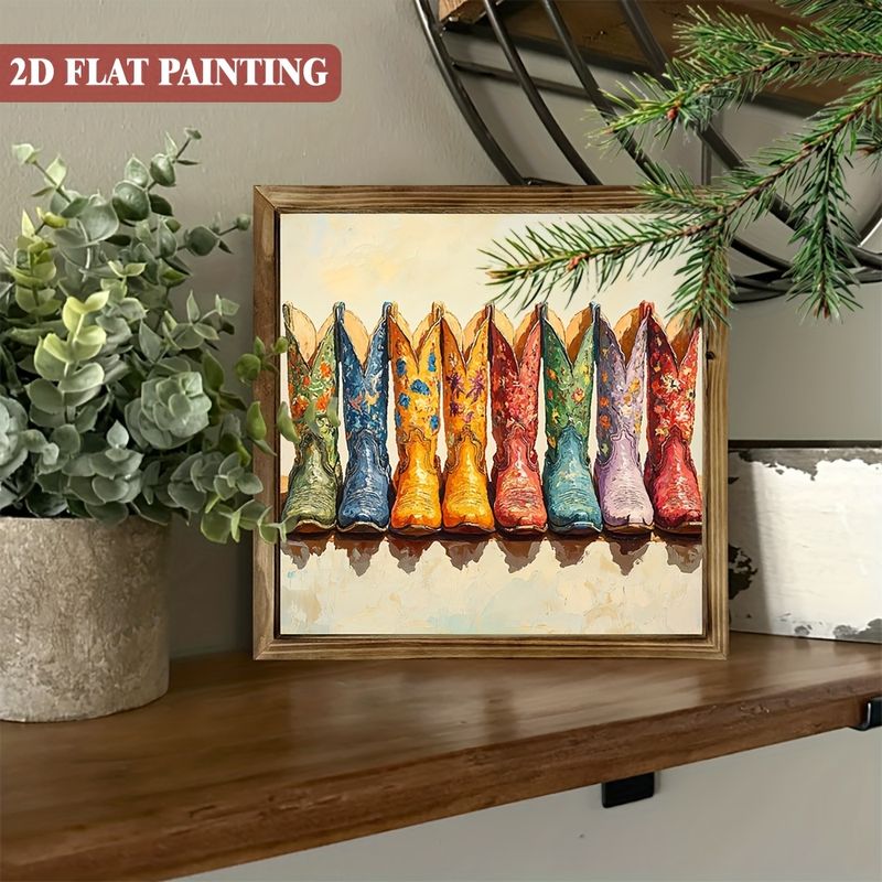 Vibrant Cowboy Boots Wooden Art - 8x8" Framed Western Decor With Floral Patterns. Perfect For Man Caves, Bars, Or As A Rustic Holiday Gift._voghion.com