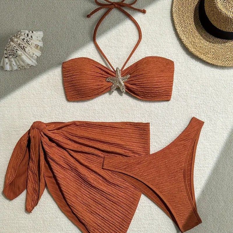 Women's Clothing New Bikini Solid Color Swimsuit Three Piece Tube Top Beach Skirt_voghion.com