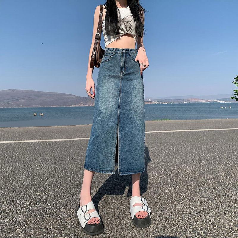 Damenbekleidung Jeansrock Frühling Hohe Taille Hüftrock Neuer Retro Gerader Lockerer A-Linien-Rock Mittellang_voghion.com