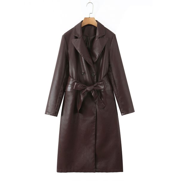 Trenchcoat mit 3D-Illusion (PU-Leder + Taillengürtel)_voghion.com