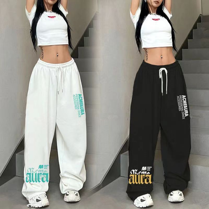 Pantalon taille haute ample avec cordon de serrage pour femmes, jambes larges, danse de rue, pantalon de sport Hip Hop, tendance Ins_voghion.com