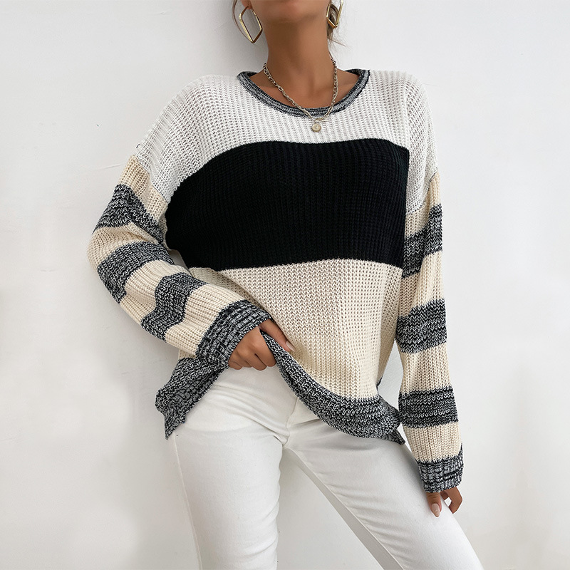 Contrasting Color Pullover Knitted Loose Round Neck Sweater_voghion.com