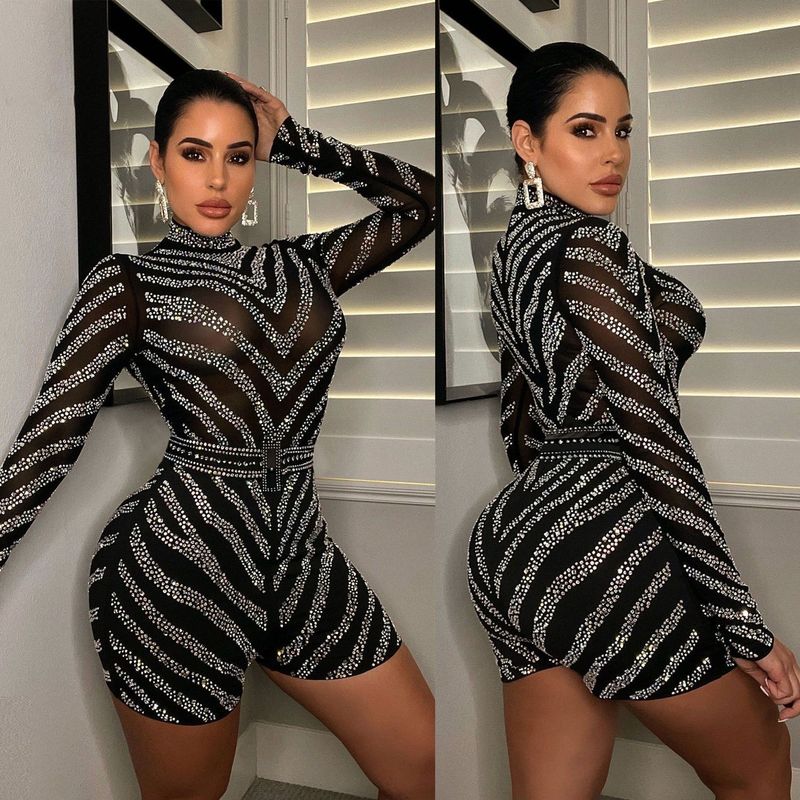 Damenbekleidung Transparent Sexy Schlanke Taille Hot Diamond Hoher Kragen Langarm Kurzer Overall_voghion.com