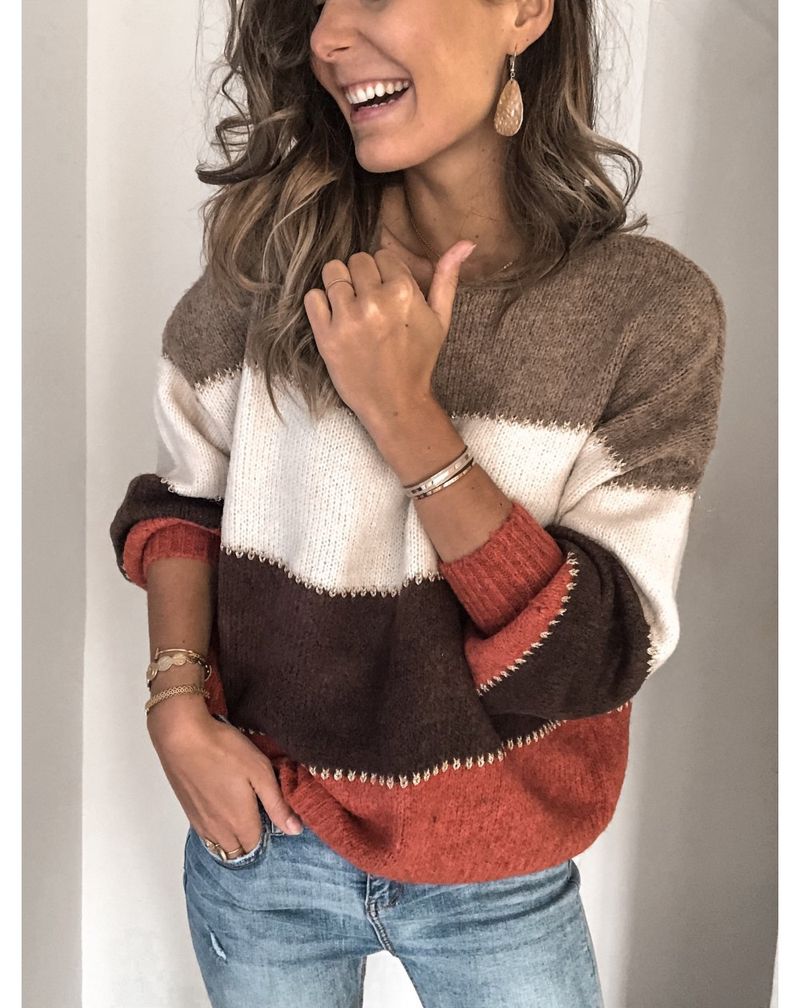 Women's spliced ​​pullover bottoming sweater top casual contrasting color round neck sweater for women in autumn and winter_voghion.com