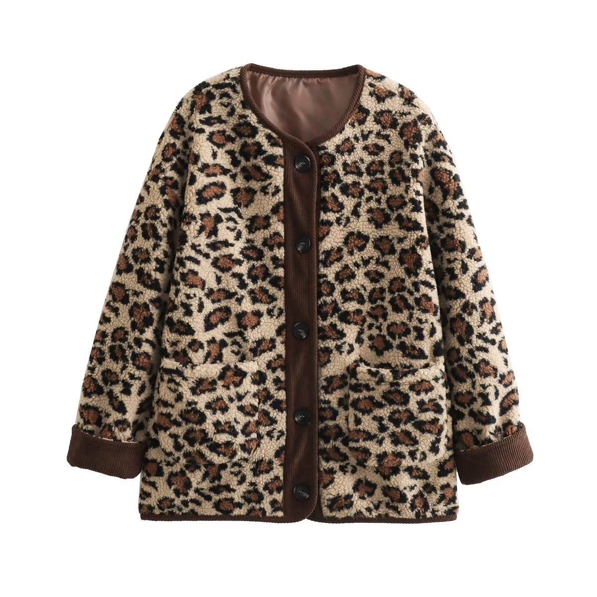 Women's Clothing women's autumn and winter loose round neck leopard print lamb wool warm long sleeved jacket female_voghion.com