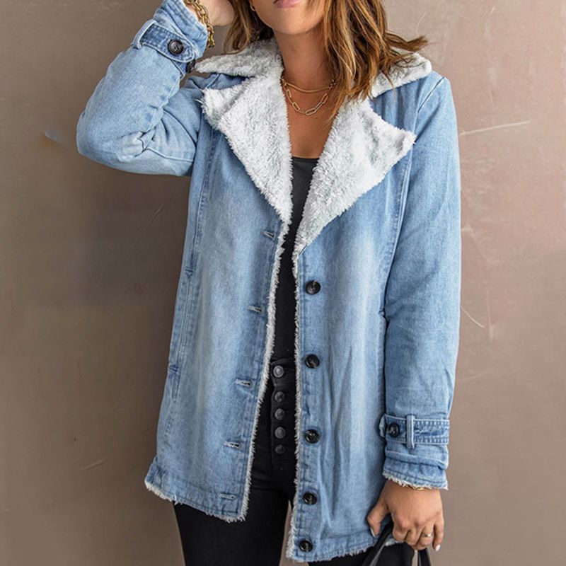 Damen-Fleece-Jeansjacke, lockeres, lässiges Revers-Oberteil_voghion.com
