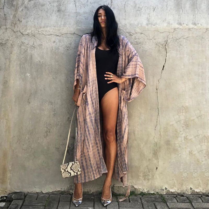 Beach Cover-Up – Floral Print Kimono Wrap Dress, Bikini Sheer Sunshade For Poolside & Vacations​_voghion.com