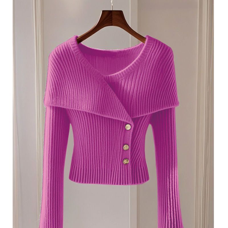 Women's Clothing Autumn Temperament Small Fragrance Style Solid Color Knitted Sweater Top Design Sense Niche Waist Long Sleeve Sweater_voghion.com