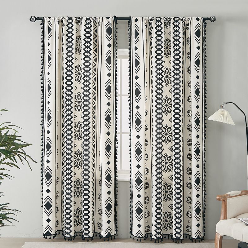 Bohemian Black And White Geometric Print Curtains With Black Tassels - Poly Cotton Blend, Semi-Sheer, Rod Pocket Design_voghion.com