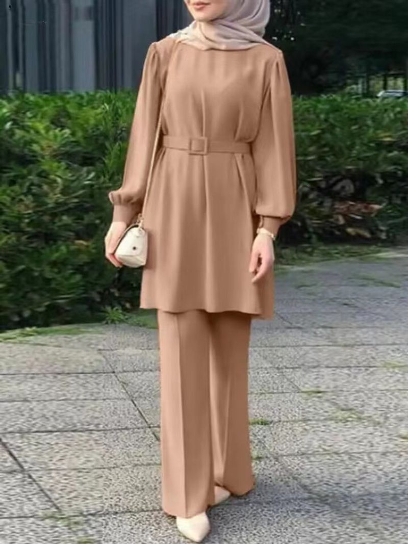 Women's round neck long-sleeved belt elastic waist top and trousers suit_voghion.com