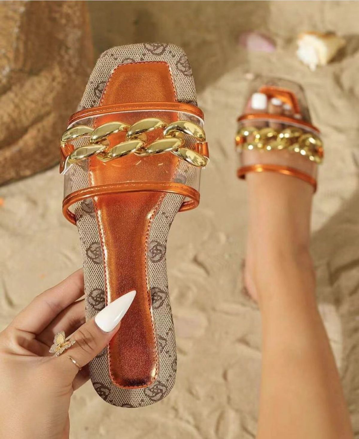 Slides Mode Metal Spänne Sandaler Damtofflor Ytterkläder Sommartofflor Casual One Line Broderi Damtofflor_voghion.com