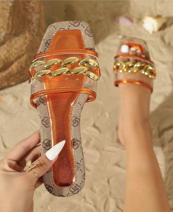 Slides Mode Metal Spänne Sandaler Damtofflor Ytterkläder Sommartofflor Casual One Line Broderi Damtofflor_voghion.com