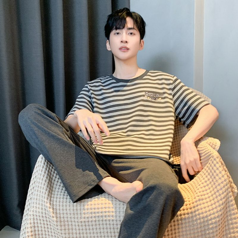 Cartoon cotton pajamas summer round neck short sleeved pants thin casual outerwear men's home suit set_voghion.com