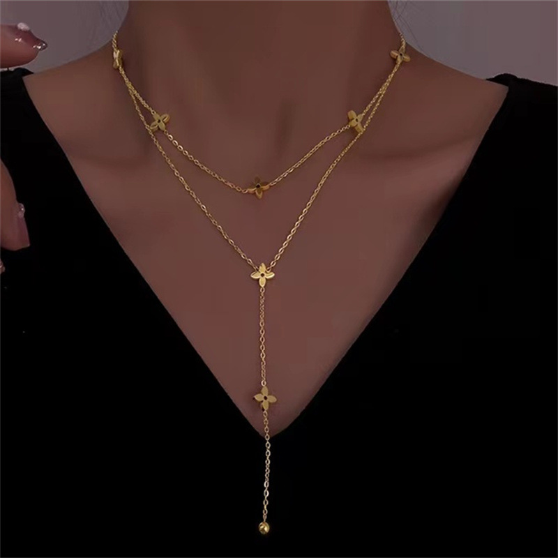 Titanium Steel Double Layer Necklace L Flower Tassel Chain Cross Flower Clavicle Chain Anchor Live Room New Decorative Chain Net Red Girl_voghion.com