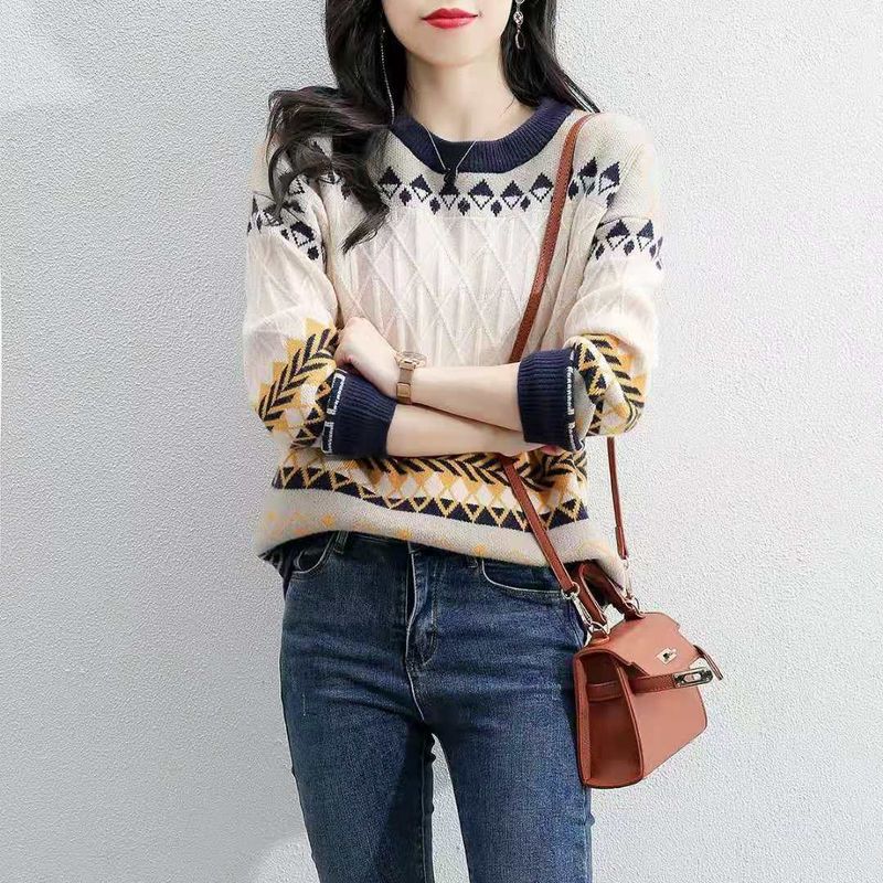 Pull tricoté à manches longues et col rond pour femme, version coréenne, automne et hiver 2024_voghion.com