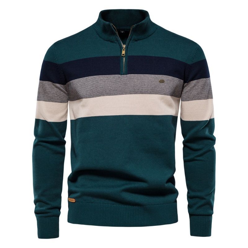 Mode Herren Halbreißverschluss Herren Pullover Pullover Gestreifter Spleißen Strickpullover_voghion.com