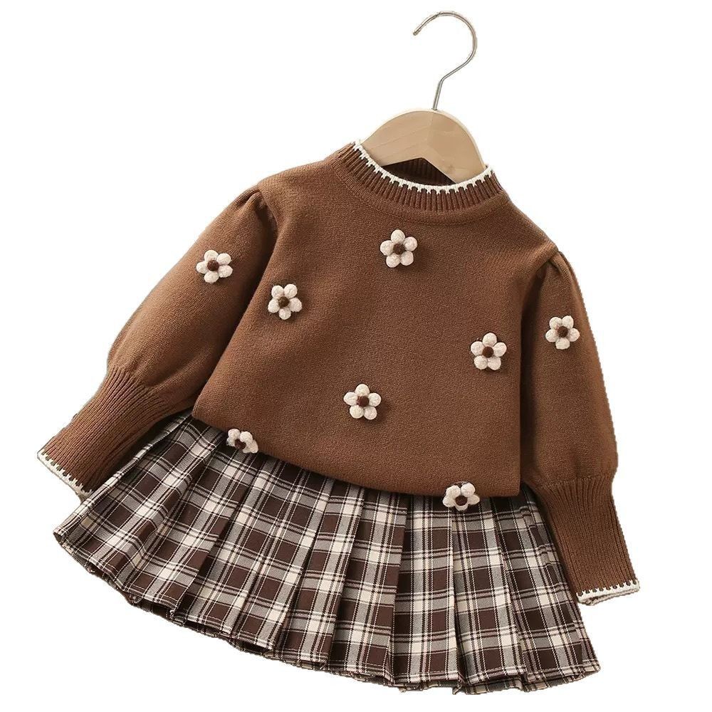 JINYONG New 2025 Girls Knitted Sweater Suit Skirt Baby Girl Round Neck Small Flower Plaid Skirt Suit_voghion.com