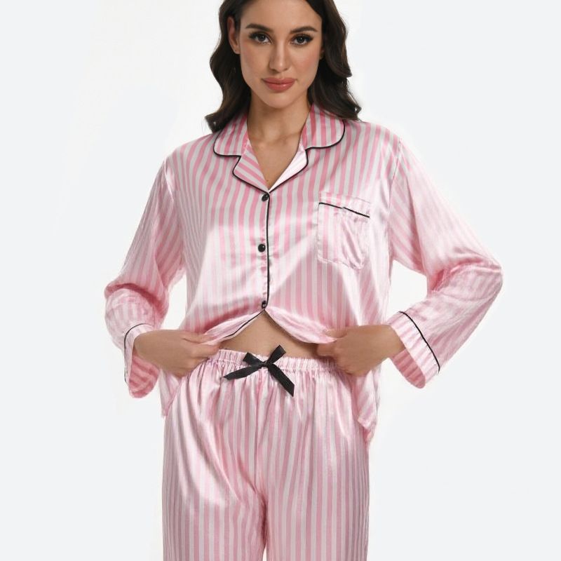 Women's Leopard Print & Pink Striped Viscose Long Sleeve Loungewear Set – Soft Button-Down Top & Long Pants, Comfortable Sleepwear For Home_voghion.com