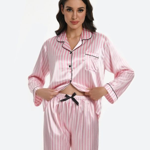 Women's Leopard Print & Pink Striped Viscose Long Sleeve Loungewear Set – Soft Button-Down Top & Long Pants, Comfortable Sleepwear For Home_voghion.com