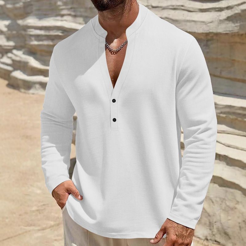 001 Zomer Europees en Amerikaans grensoverschrijdend casual los trendy opstaande kraag linnen korte mouw effen kleur overhemd plus_voghion.com