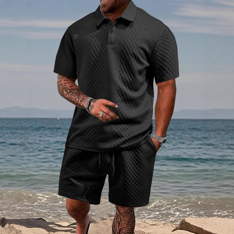 Abbigliamento estivo da uomo, nuovo pantaloncino a maniche corte in jacquard, completo polo con risvolto per il tempo libero sportivo da uomo_voghion.com