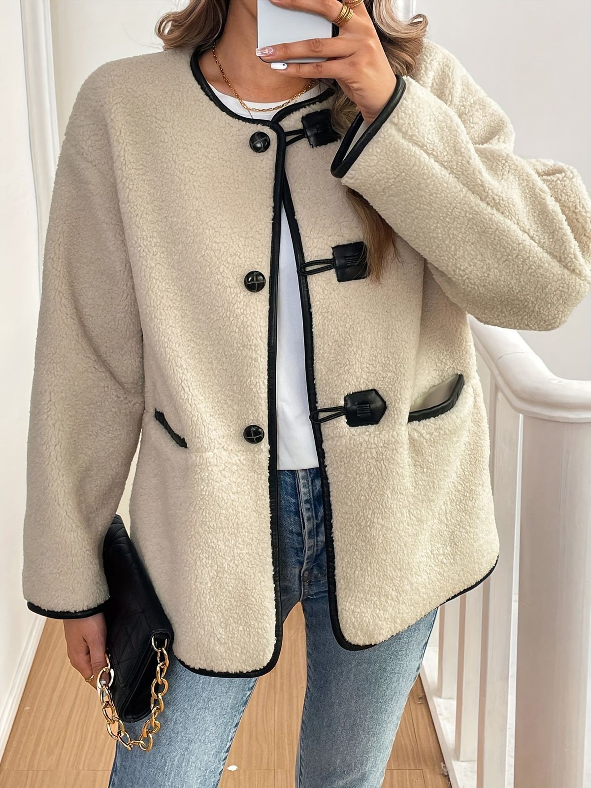 Women's Winter Fleece Coat Single Breasted Mid-Length Casual Jacket In Beige – Warm & Stylish Outerwear For Work & Daily Wear_voghion.com