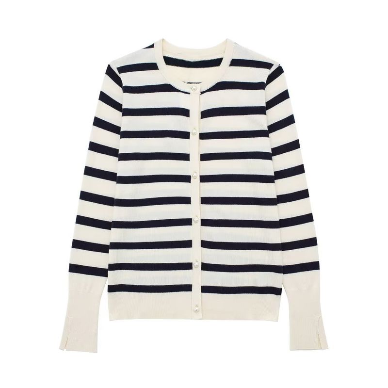 Damen-Stil, modisch, lässig, Rundhalsausschnitt, gestreift, gestrickt, langärmelig, Jacke, einreihig, Strickjacke_voghion.com